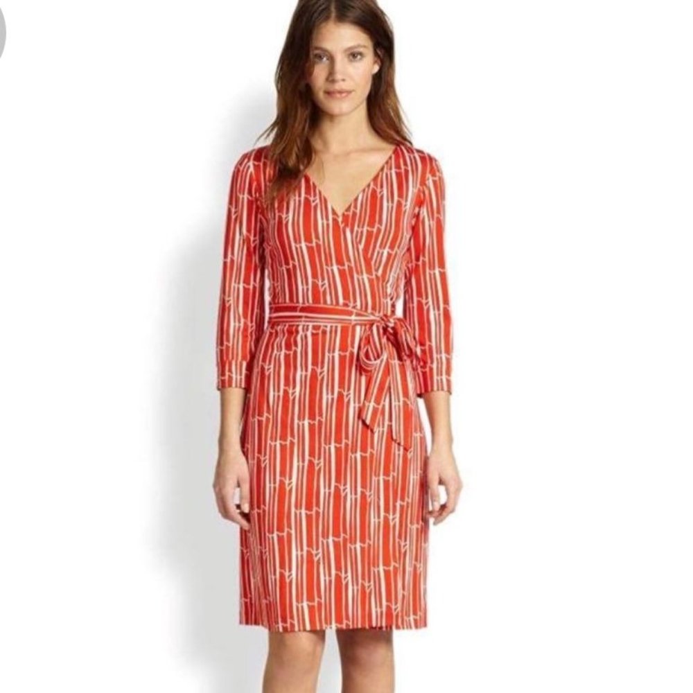 Diane Von Furstenberg Red and White Wrap Midi Dress